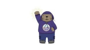 An illustration of an otter in a purple hoodie with and one arm upraised with a closed fist